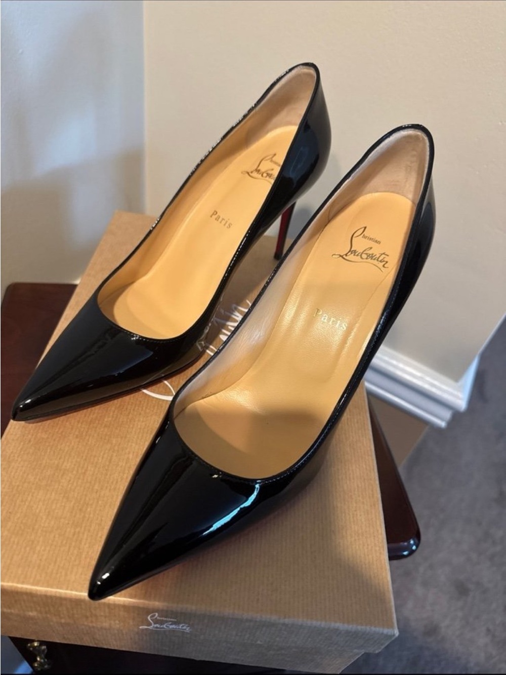 Christian Louboutin Black Patent Pointed-Toe Stilettos with Red Sole